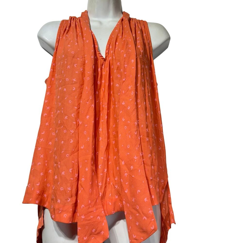 Free People Sleeveless Neck Tie Orange Coral Pink Leaves top blouse Size S